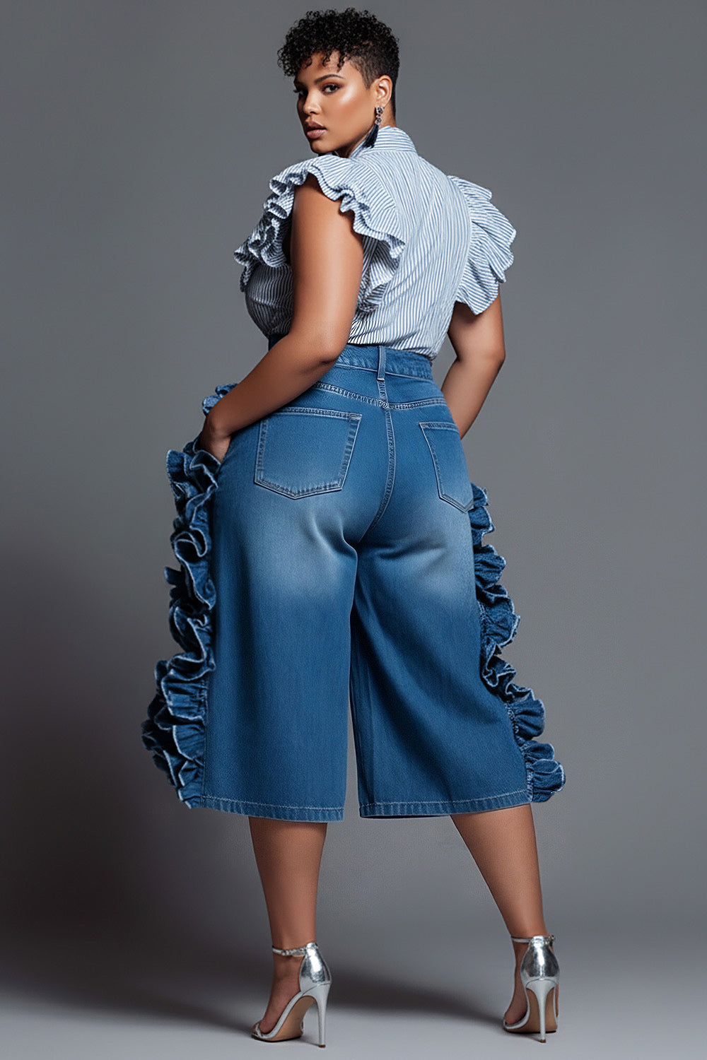 Xpluswear Design Plus Size Party Blue Ruffle Pocket Denim Jeans