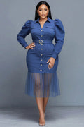 Xpluswear Design Plus Size Business Casual Blue Shirt Collar Long Sleeve Ruffle Elegant Bodycon Tencel Denim Midi Dresses