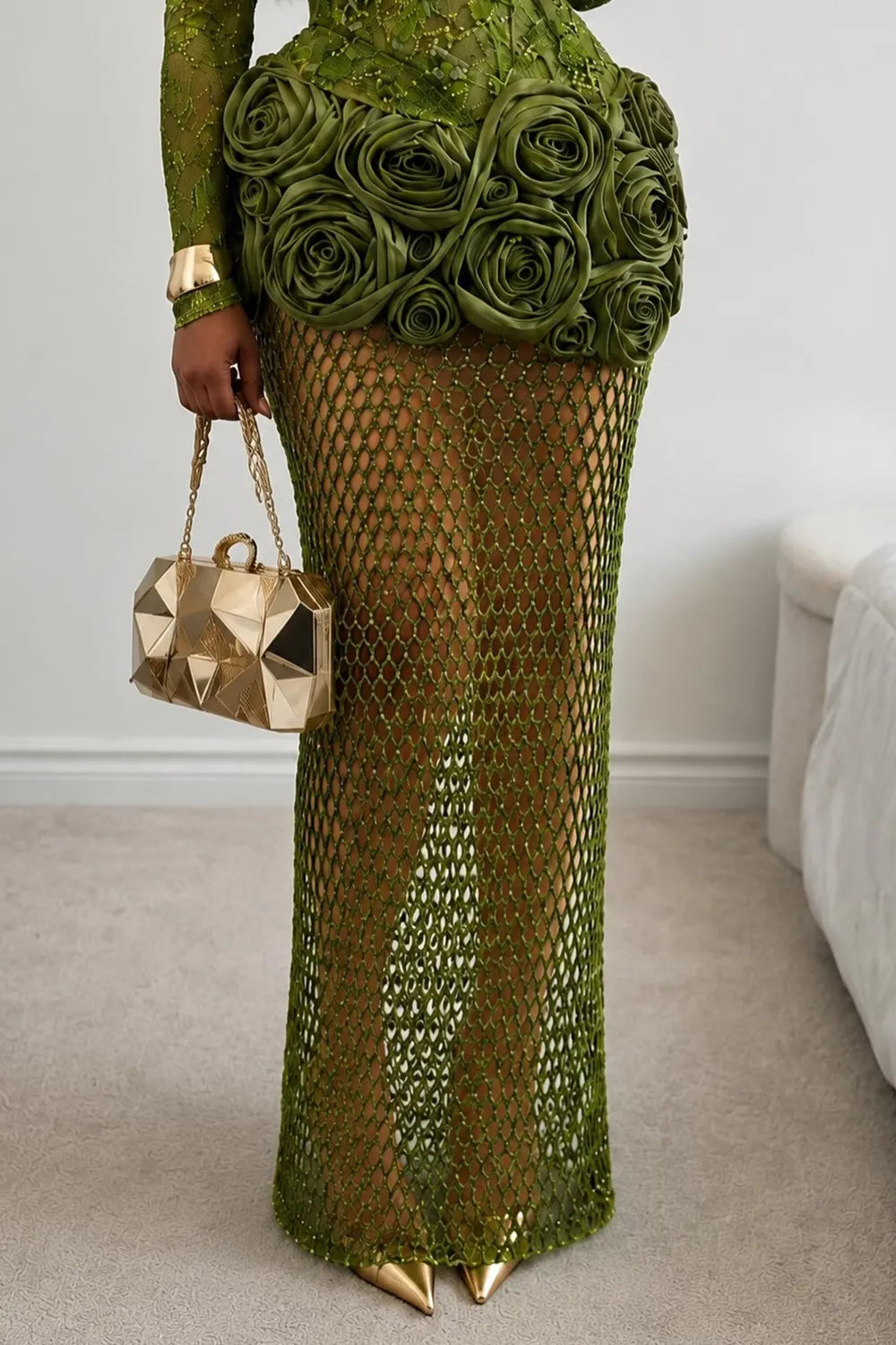 Shoulder Pad 3D Floral Patchwork Fishnet Mesh Maxi Dresses-Green [Pre Order]