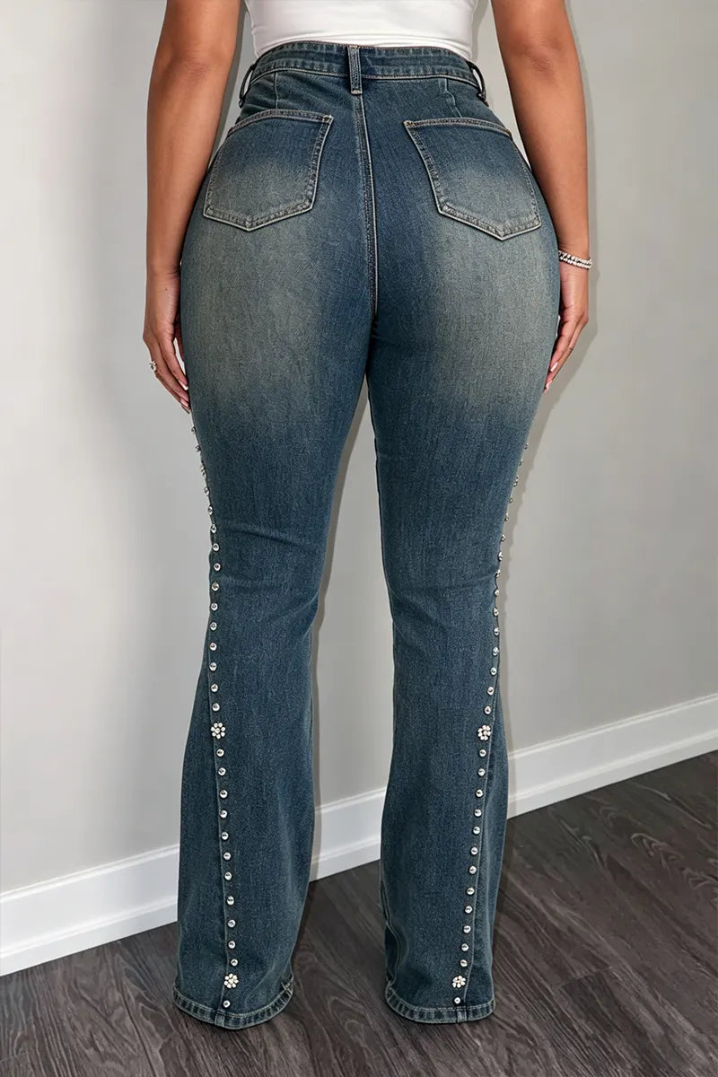 Women's Casual Versatile Rhinestone Beaded Bootcut Jeans