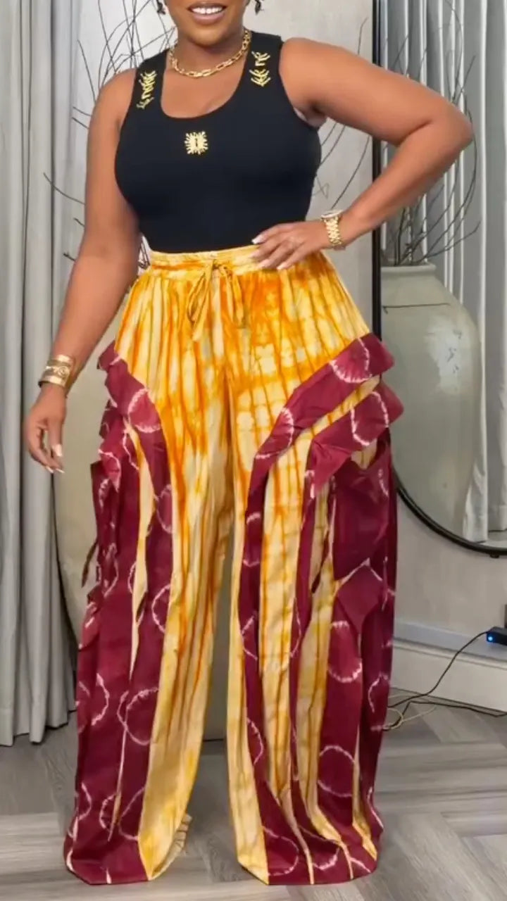 Tie‑Dye Patchwork Ruffled Wide Leg Palazzo Pants For Women