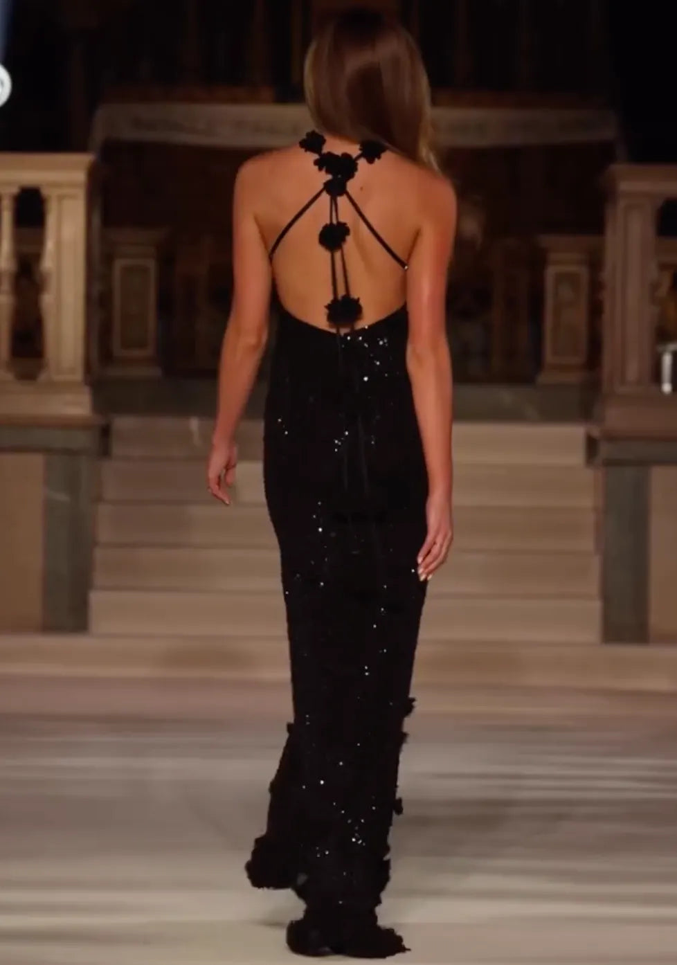 Black Floral-Embellished Sequin Halter Neck Mermaid Maxi Dress - Formal Evening Gown