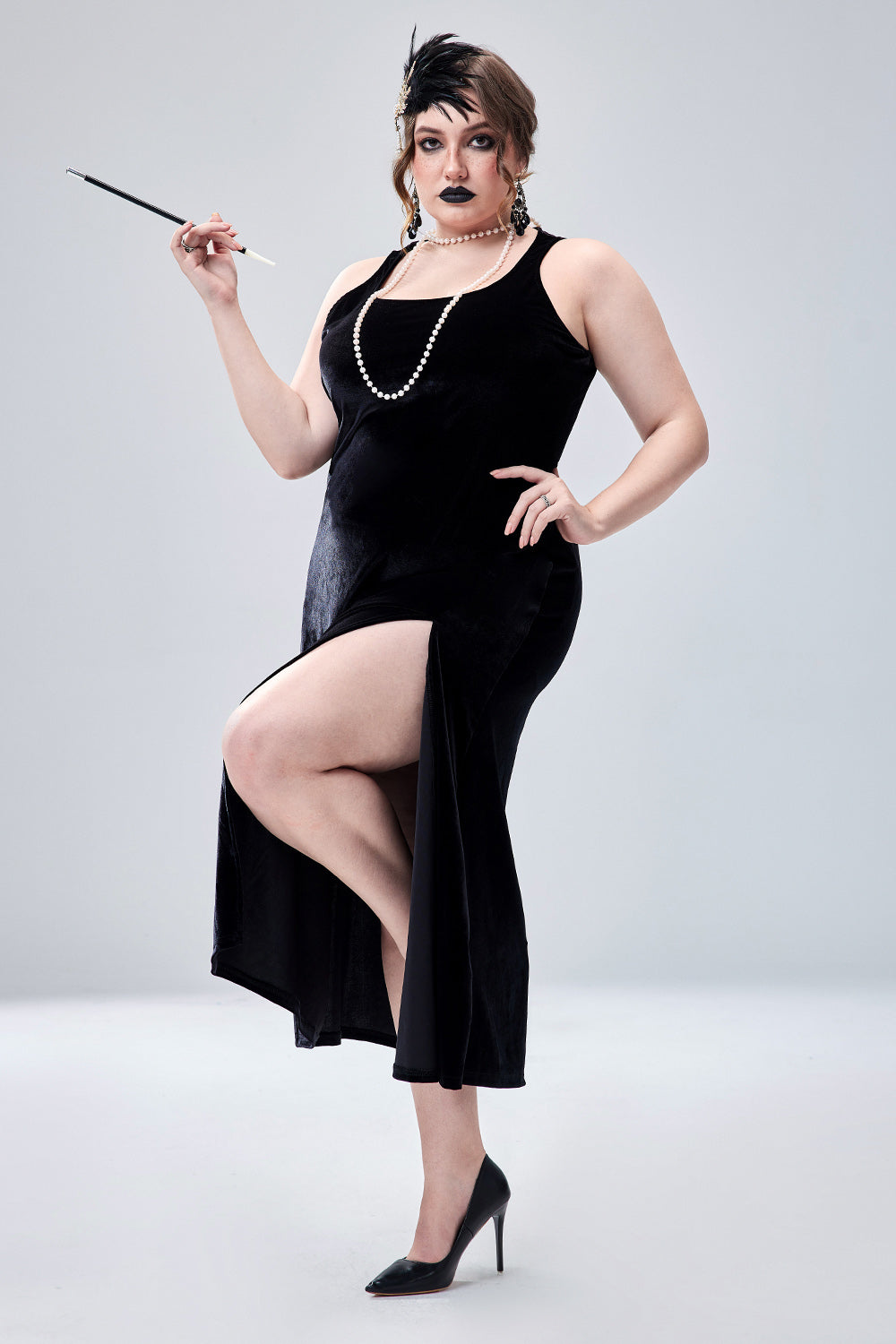 Halloween Costume 1920s Flapper Dress Gothic Square Collar Sleeveless High Split Velvet Midi Dress(Ships 24h)