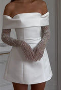White Off-Shoulder Satin Mini Dress - Structured Formal Cocktail Gown