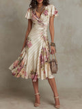 Champagne Floral Wrap Ruched Midi Dress – Romantic Elegance