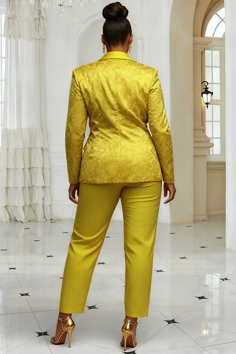 Christmas Gold Lapel Collar Long Sleeve Jacquard Elegant Satin Two Piece Pant Suits