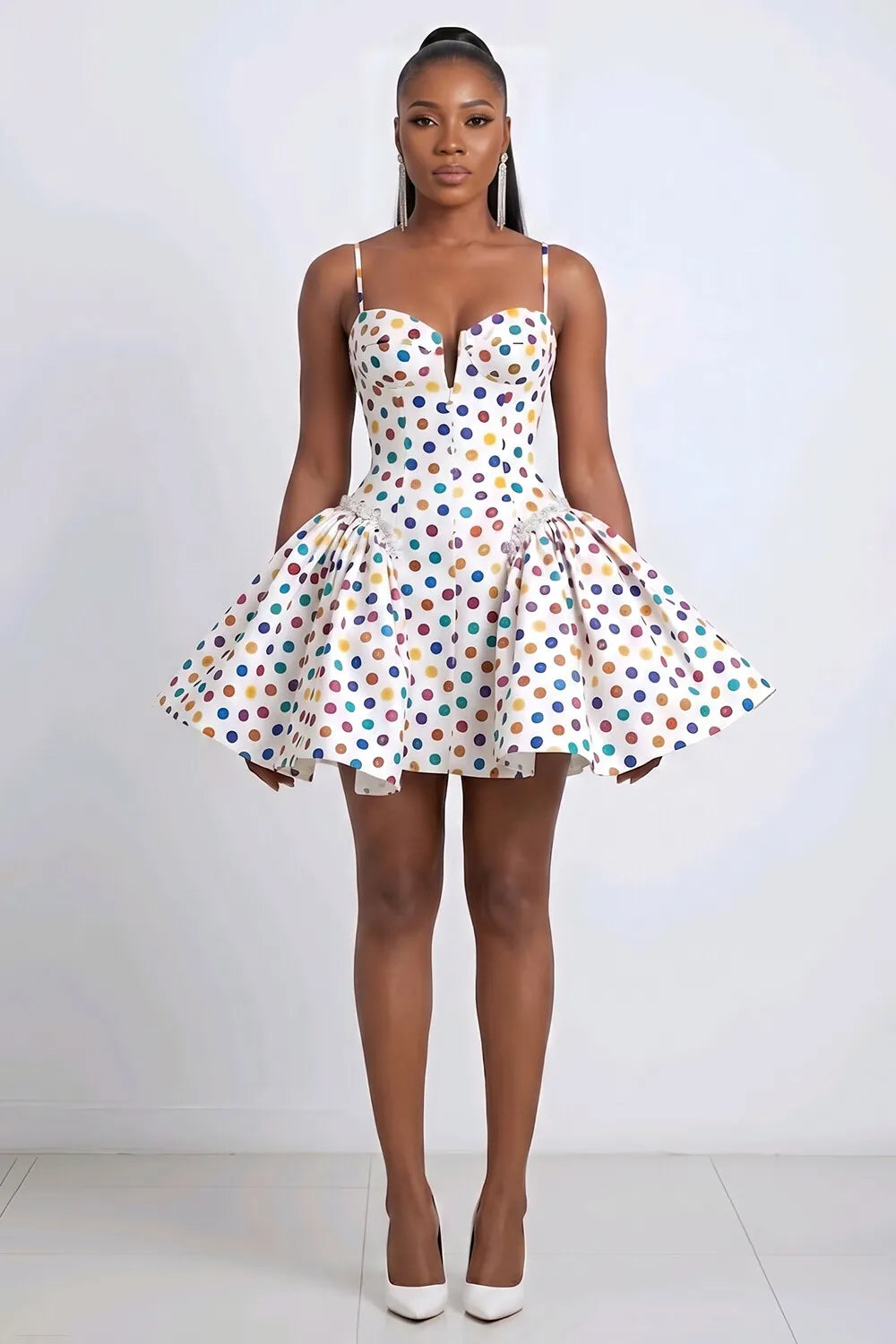 Polka Dot Print Spaghetti Strap Corset Waist Mini Dresses-White [Pre Order]