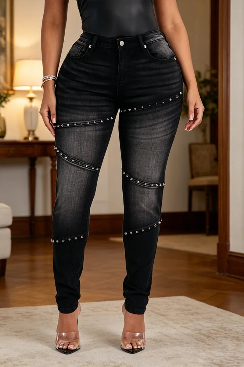 Women's Washed Water Spliced Rivet Casual Tight Jeans