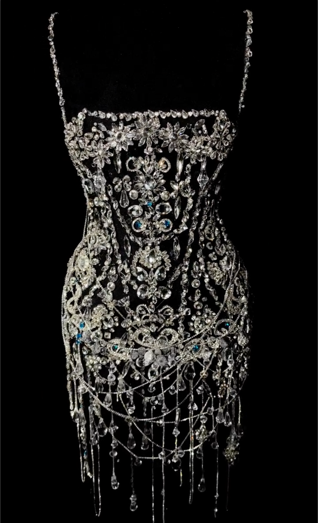 Black Beaded Mini Dress with Sheer Mesh, Fringe Trim & Crystal Embellishments
