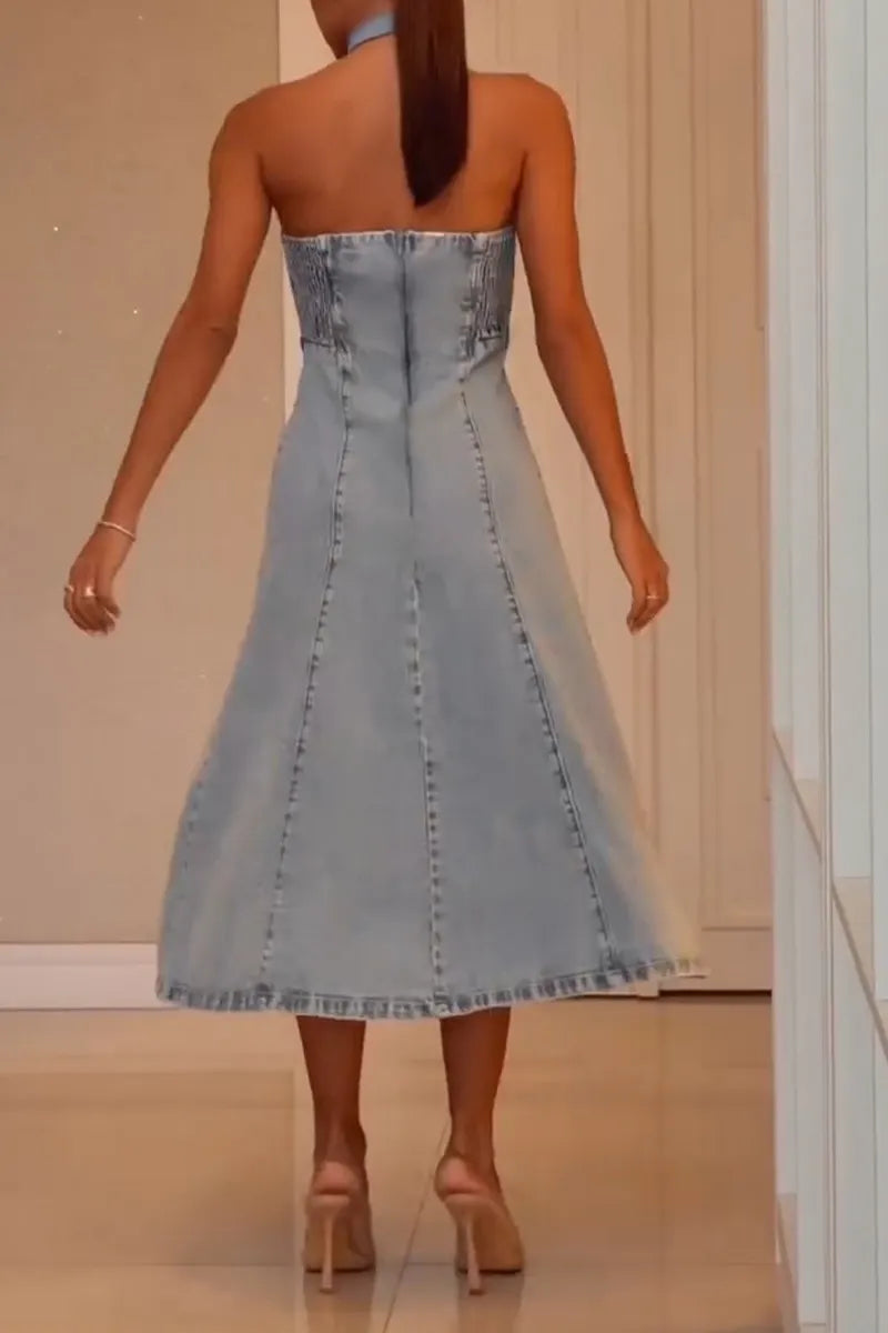Women's Elegant A Line Hem Bustier Denim Dress