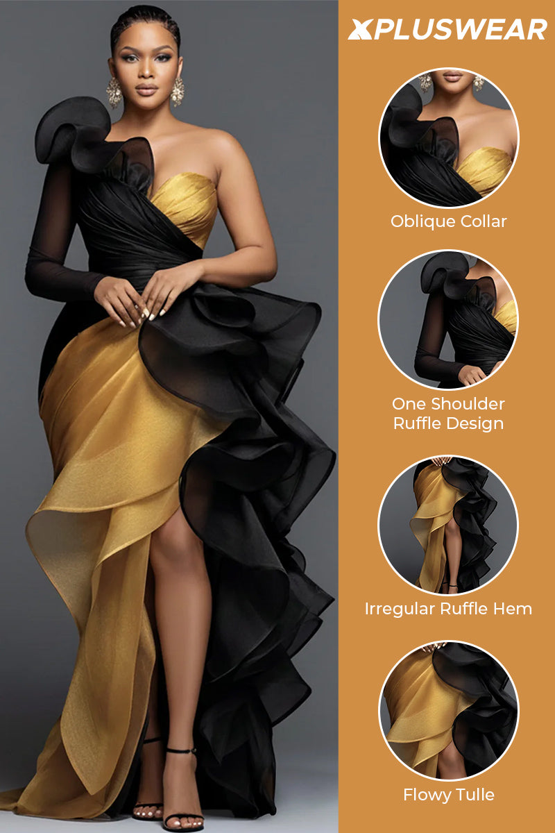 Purple Oblique Collar One Shoulder Long Sleeve Ruffle Elegant Asymmetric Hem Irregular Hem Maxi Dresses