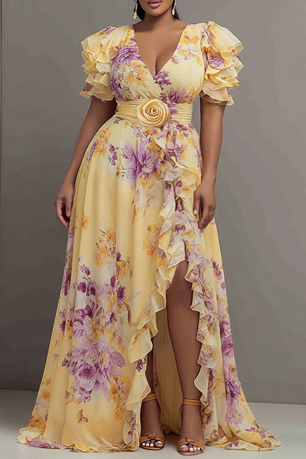 Elegant Yellow Floral V Neck Short Sleeve Ruffle 3D Chiffon Maxi Dresses