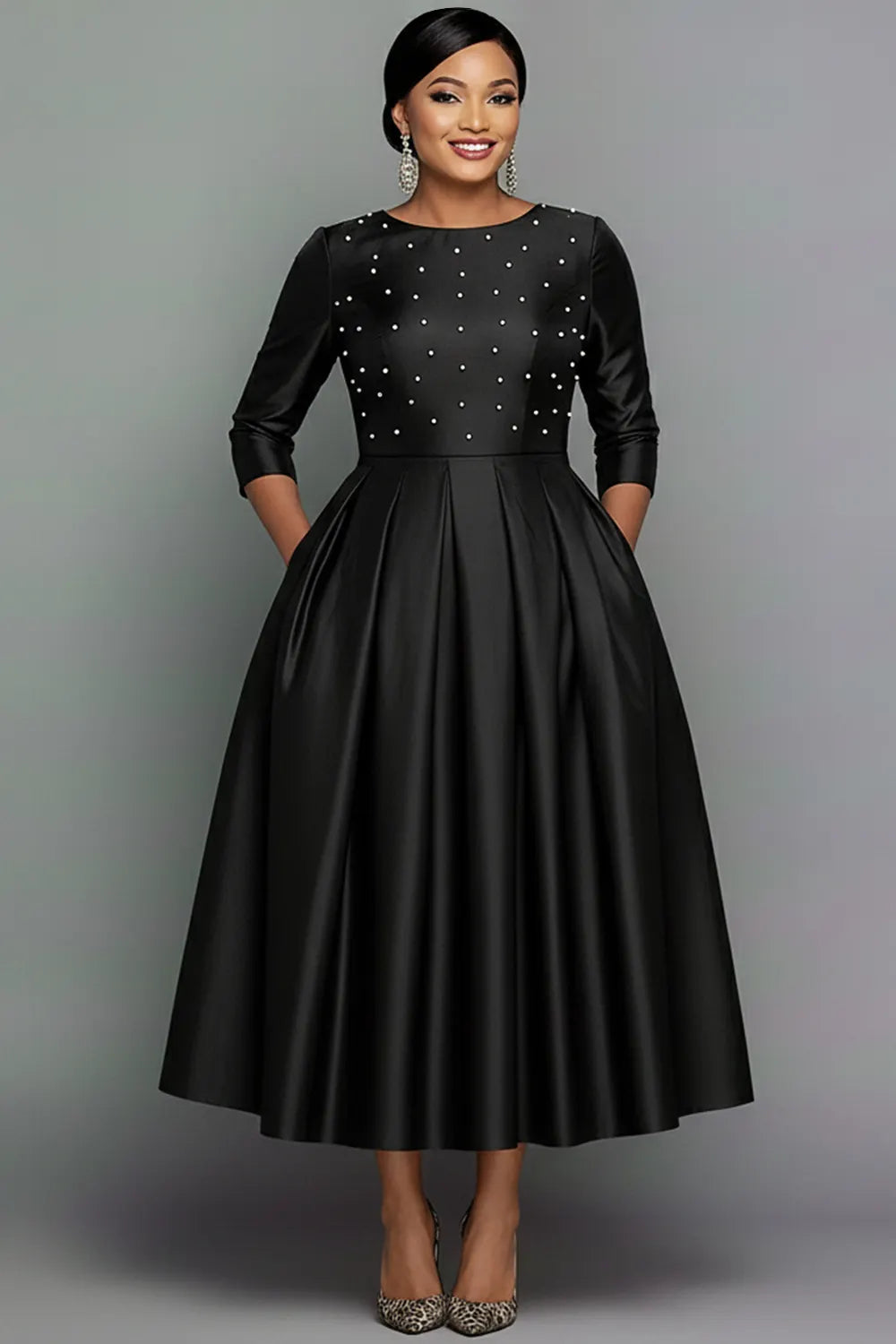 Black Round Neck Long Sleeve Pearls Elegant Pocket Satin Midi Dresses