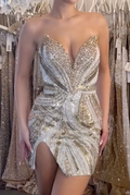 Strapless Twist Beaded Mini Dress with High Slit