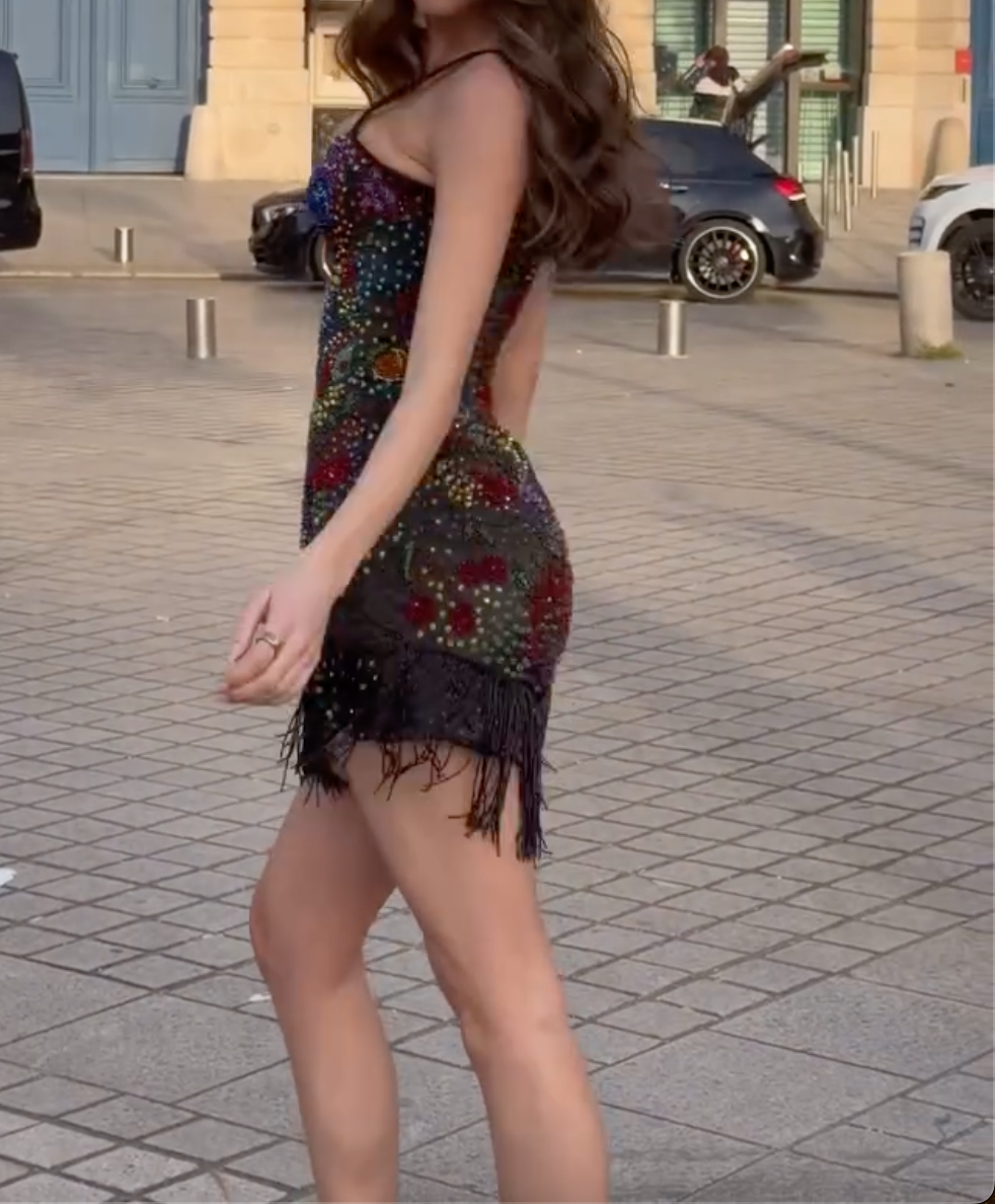 Multicolor Fruit Beaded Fringe Mini Dress