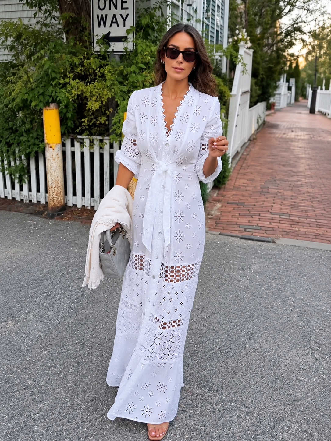 White Eyelet Button‑Front Maxi Dress