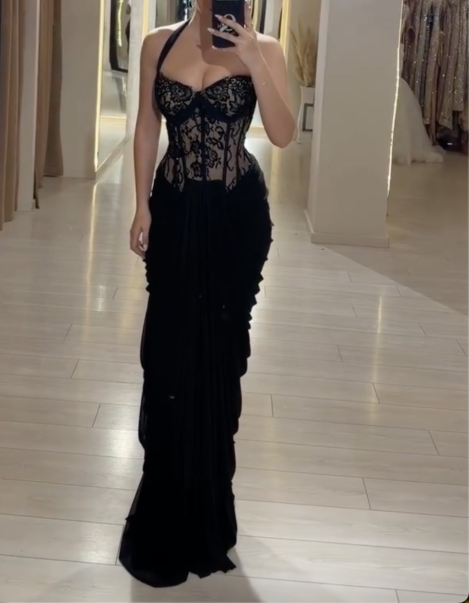 Black Halter Neck Lace Corset Maxi Dress - Ruched Chiffon Formal Evening Gown