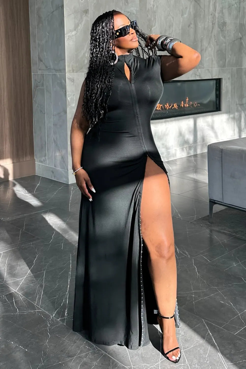 Mock Neck Cap Sleeve Cut Out High Slit Casual Maxi Dresses-Black [Pre Order]