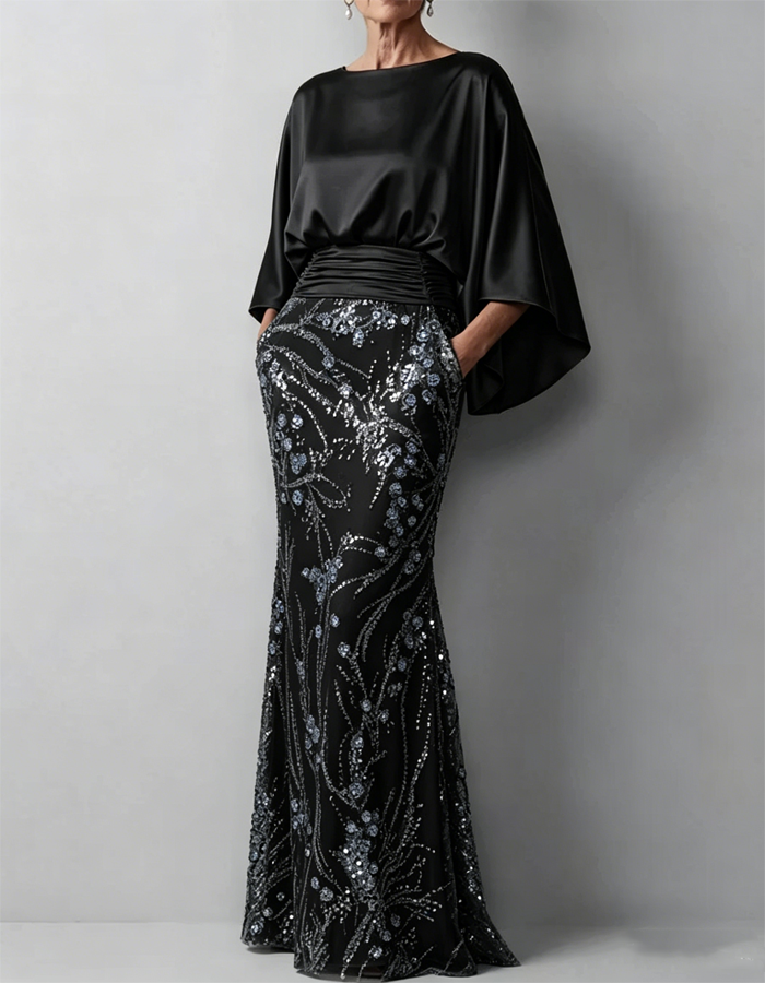 Champagne-colored Satin Cape-sleeved Maxi Dress