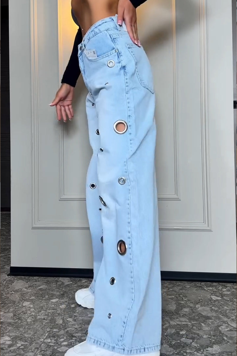 Women's Fashion Metal Hollow-Out Decoration Wide Leg Jeans