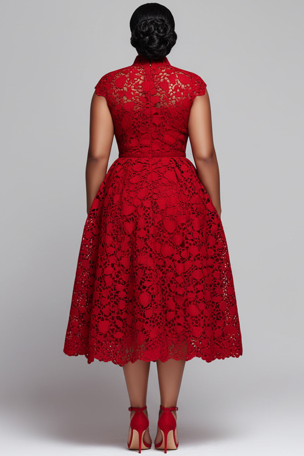 Red Round Neck Pocket Elegant Cut Out Lace Midi Dresses