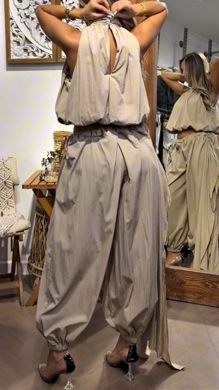 Halter Crop Top & Wrap Tie Harem Pants Two‑Piece Set