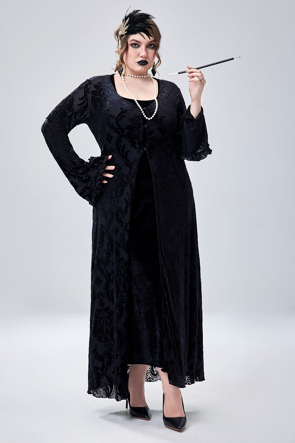 Halloween Costume 1920s Flapper Dress Gothic V-Neck Long Sleeve Velvet Cardigan(Ships 24h)