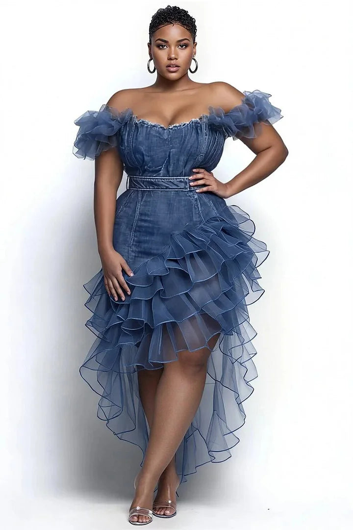 Xpluswear Design Plus Size Party Blue Off The Shoulder Contrast Split Tencel Denim Midi Dresses