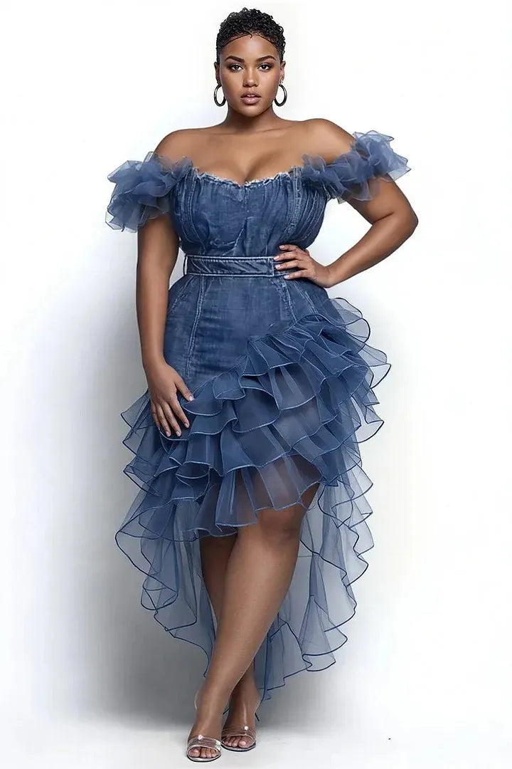 Party Blue Off The Shoulder Contrast Split Tencel Denim Midi Dresses