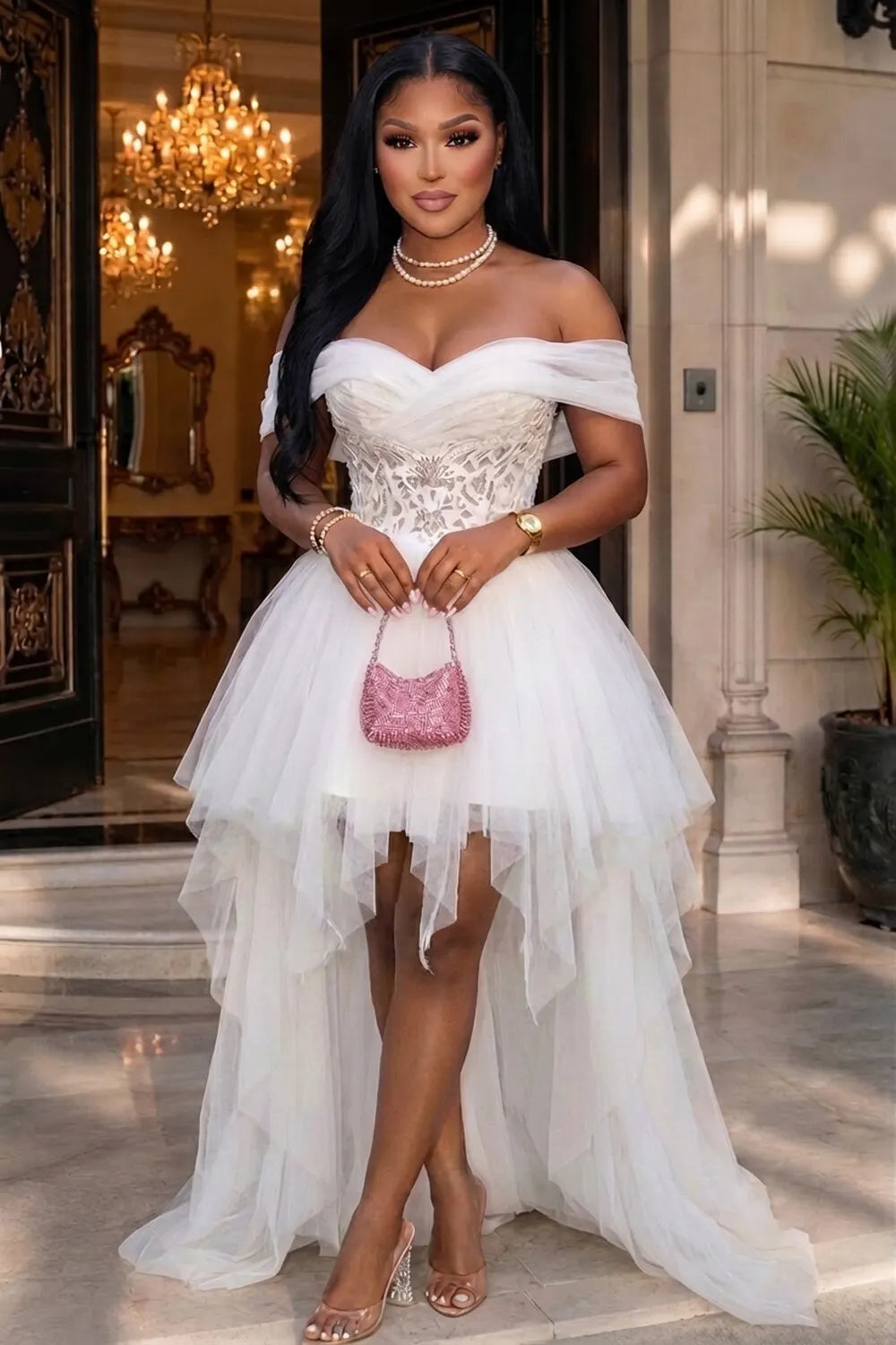 Off Shoulder Floral High-Low Hem Mesh Gowns Maxi Dresses-White [Pre Order]