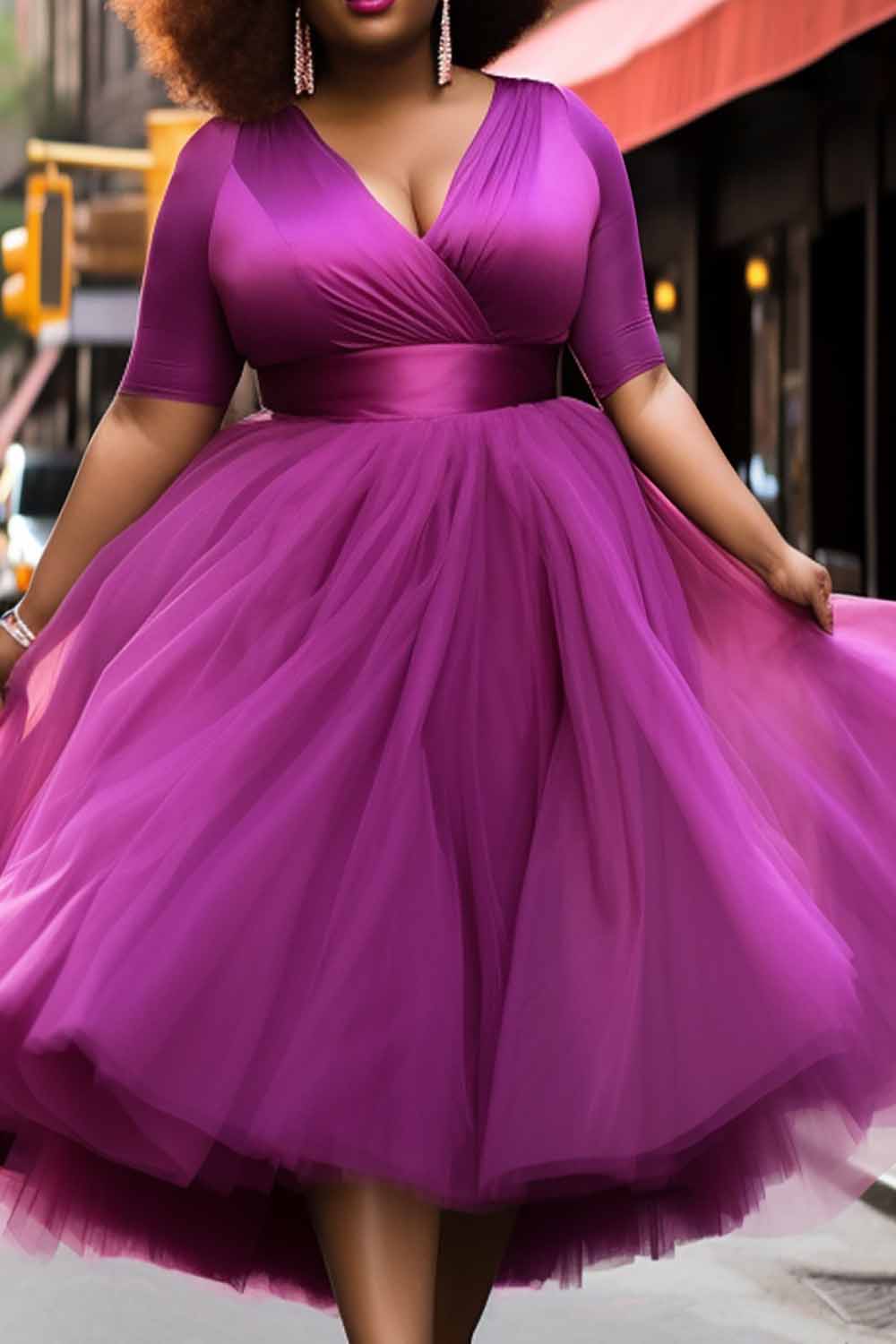 Prom Elegant Purple Spring Summer Wrap Neck Short Sleeve Contrast Tulle Midi Dresses