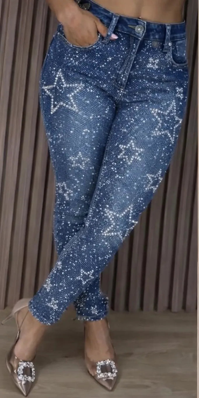 Women's Bestseller Fashion Star Pattern Rhinestone Skinny Jeans