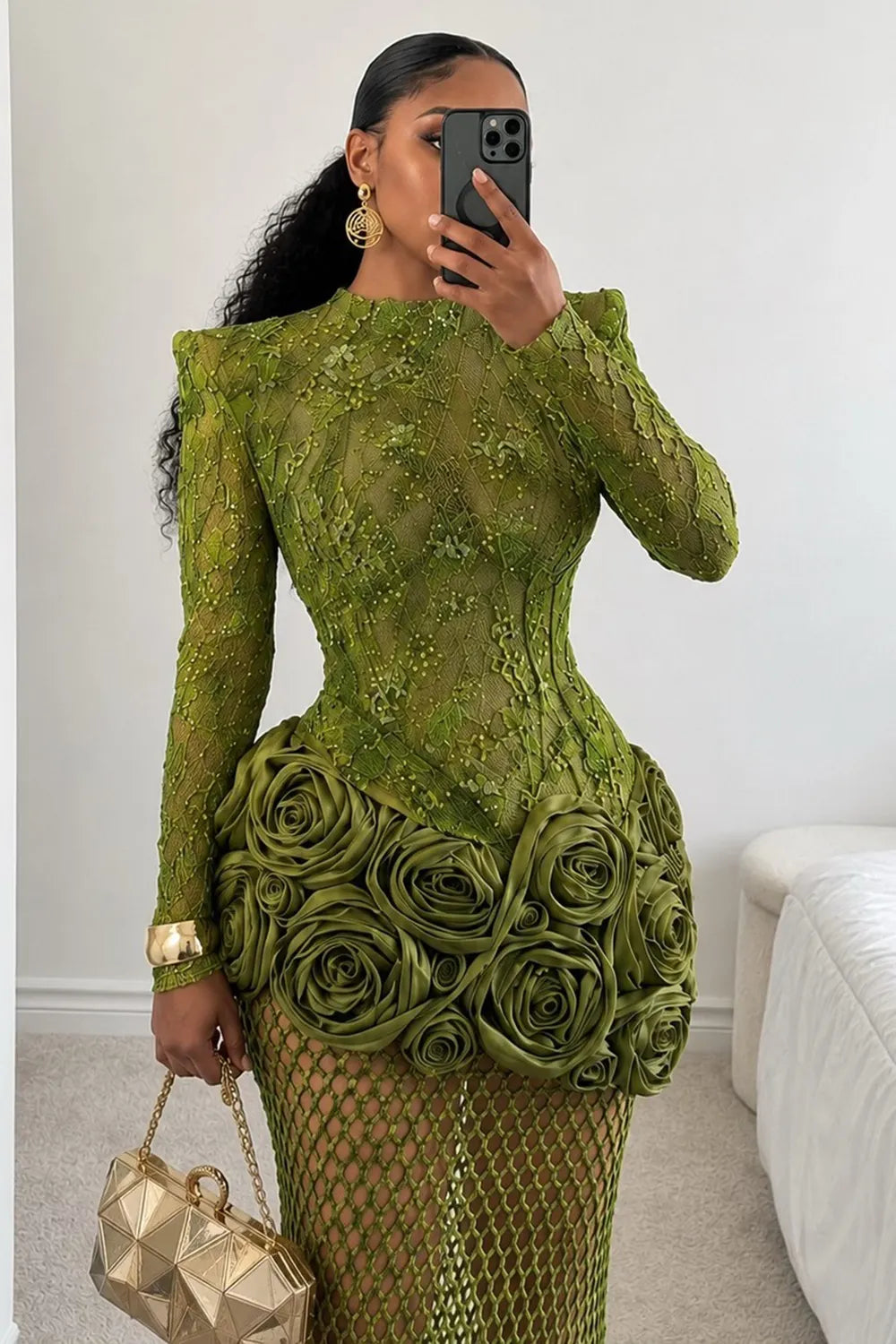 Shoulder Pad 3D Floral Patchwork Fishnet Mesh Maxi Dresses-Green [Pre Order]