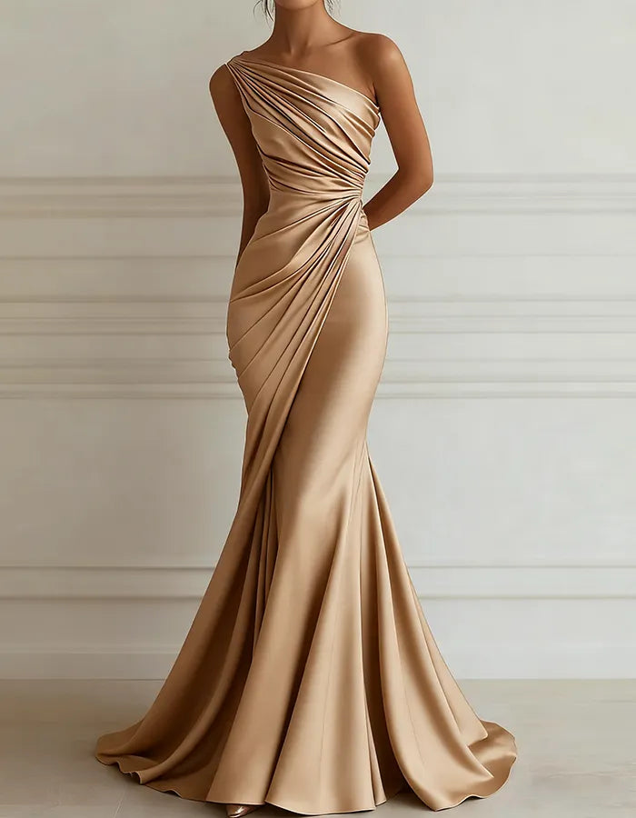 One-shoulder Stretch Satin Pleats Maxi Dress