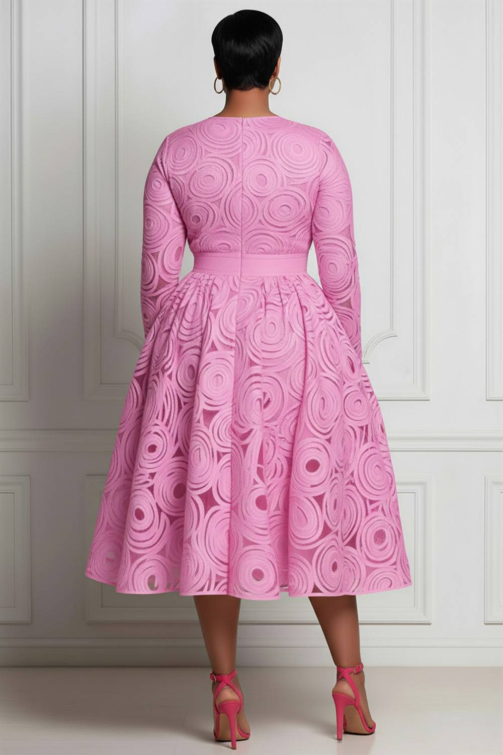 Red All Over Print Round Neck Long Sleeve Pocket Elegant Satin Midi Dresses