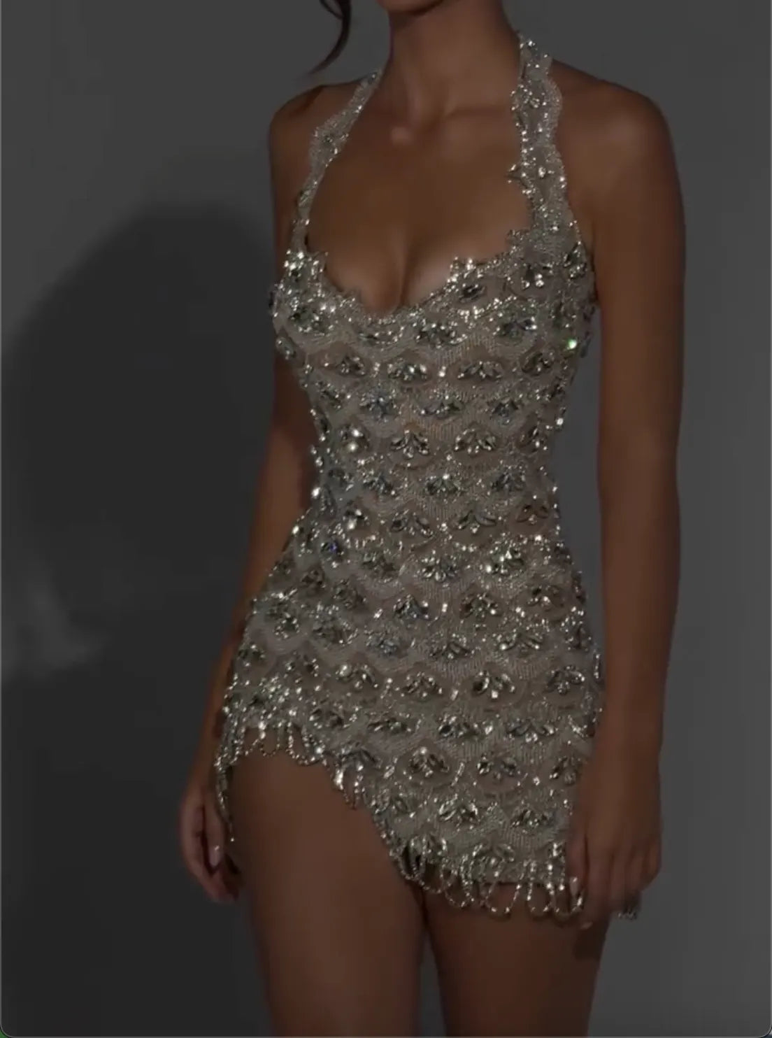 Silver Halter Neck Mini Dress - All-Over Crystal Beaded Lace Party Dress