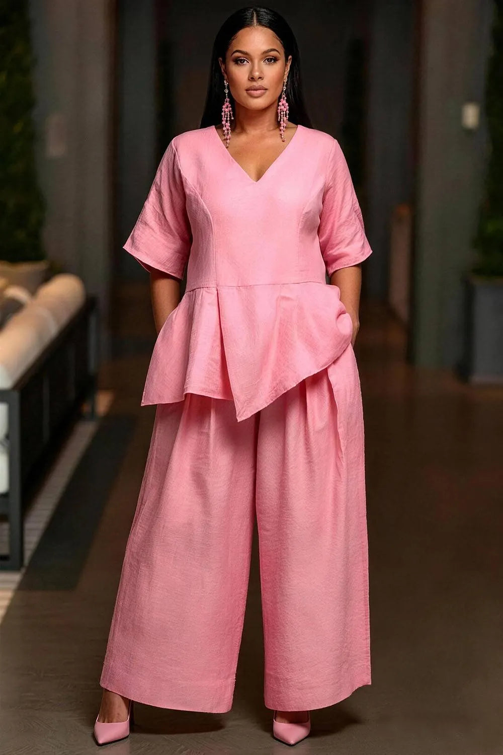 Business Casual Pink V Neck Short Sleeve Pleated Pocket Linen Two Piece Pant Sets