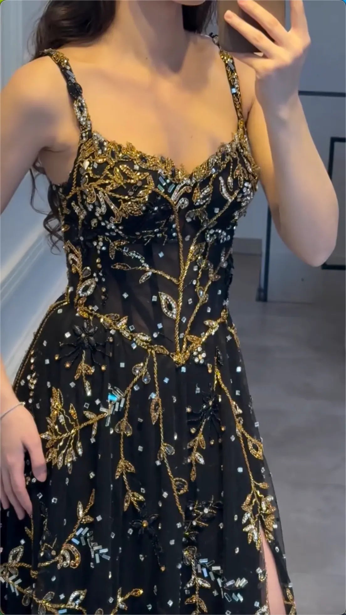 Multi-Color Floral Crystal Beaded Spaghetti Strap High Split Tulle Maxi Evening Dress, Formal Prom Pageant Gown