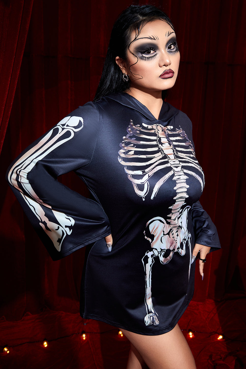 Casual Halloween Costume Black Skeleton Print Trumpet Sleeve Knitted Mini Dress(Ships 24h)