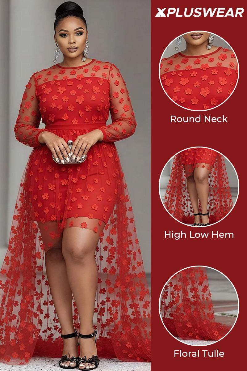 Party Red Round Neck Long Sleeve High Low Hem Elegant See Through Tulle Mini Dresses