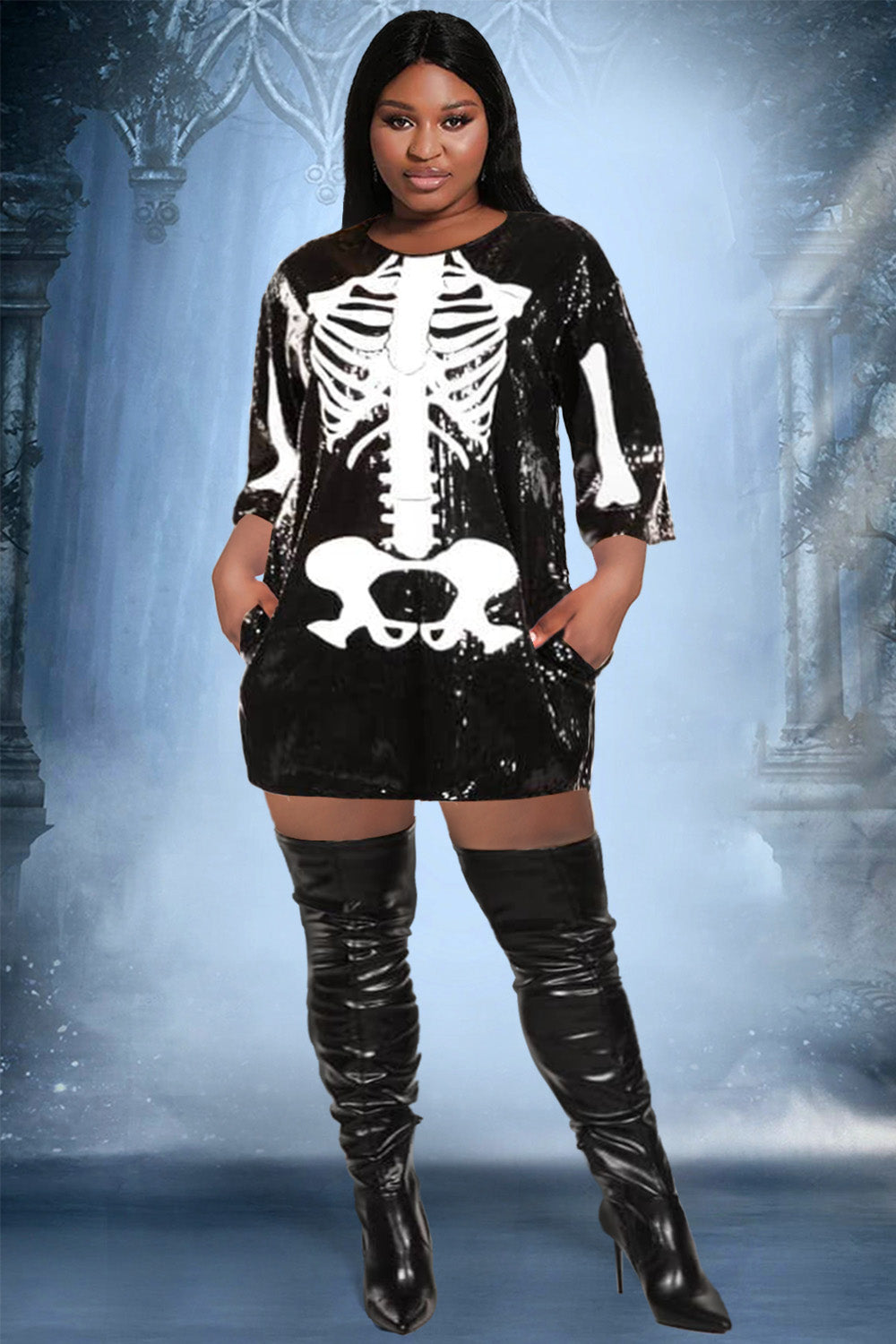Halloween Costume Black Sequin Skeleton Mini Dress With Pocket(Ships 24h)