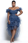 Xpluswear Design Plus Size Party Blue Off The Shoulder Contrast Split Tencel Denim Midi Dresses