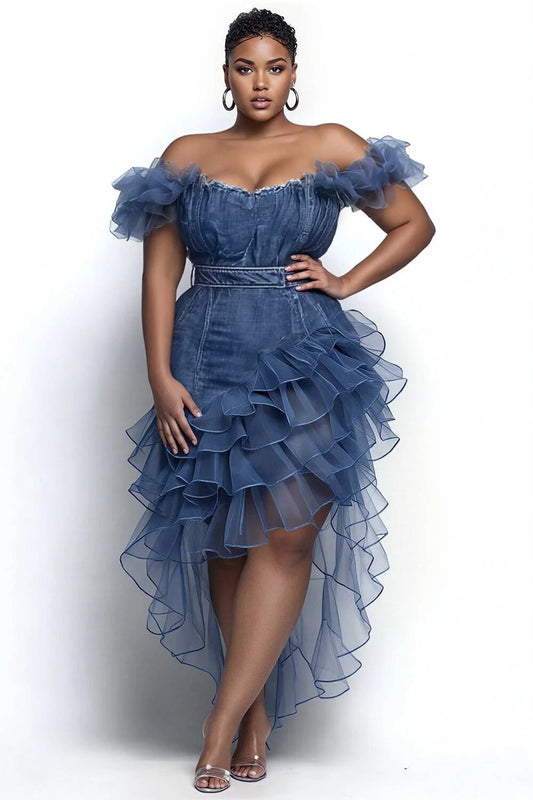 Party Blue Off The Shoulder Contrast Split Tencel Denim Midi Dresses