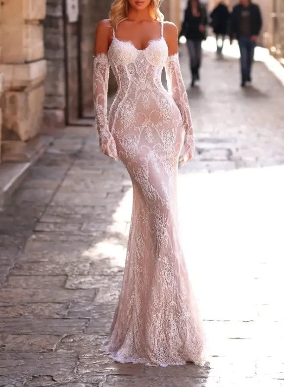 White Lace Halter Maxi Dress with Puff Sleeves & Train