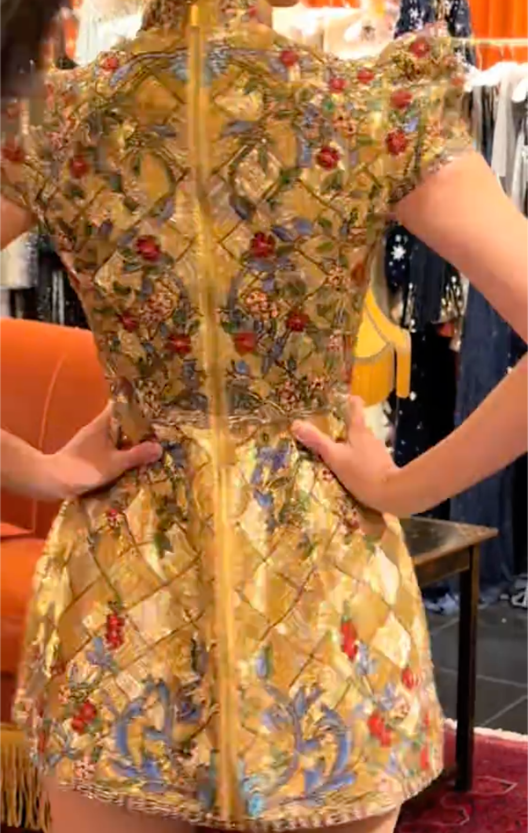 Gold Quilted Floral Embroidered Mini Dress with Mandarin Collar & Puff Sleeves