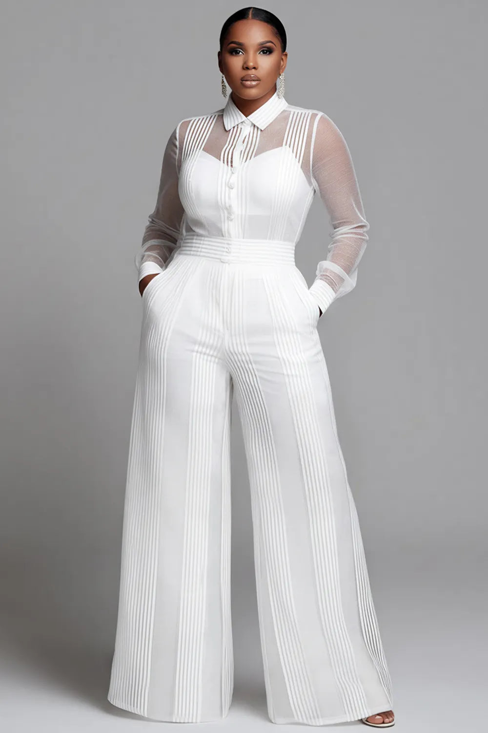 Business Casual White Striped Shirt Collar Long Sleeve See Through Wide Leg Two Piece Pant Sets