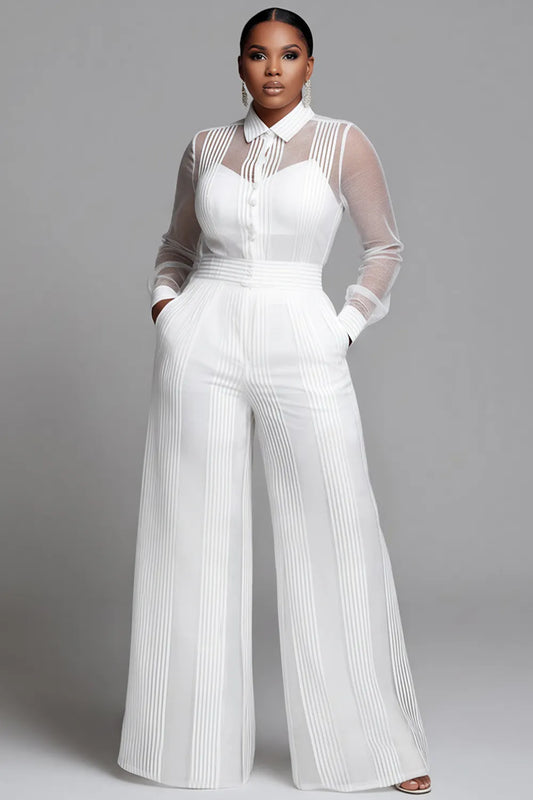 Business Casual White Striped Shirt Collar Long Sleeve See Through Wide Leg Two Piece Pant Sets
