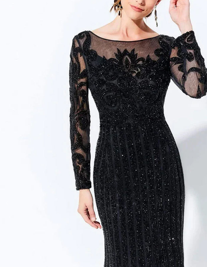 Round Neck Sequined Lace Long Sleeves Maxi Dress