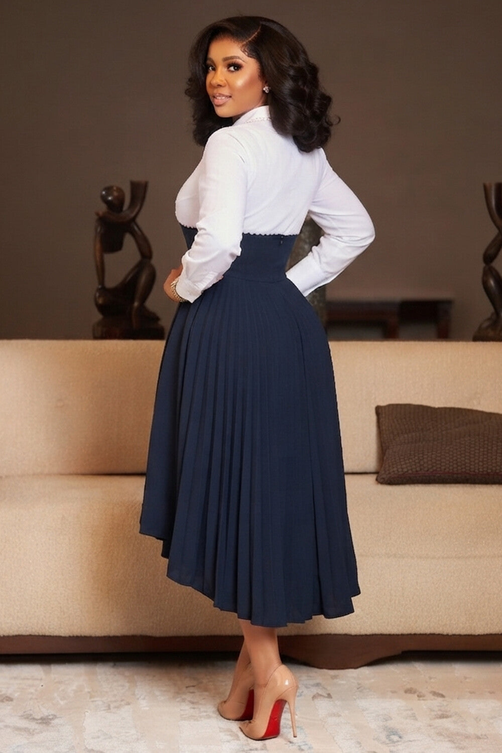 Pearl Decor Shirt Collar Long Sleeve Colorblock Midi Dresses-Navy [Pre Order]