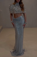 Silver Crystal Beaded Cape & Sequin High Slit Maxi Skirt Two-Piece Set
